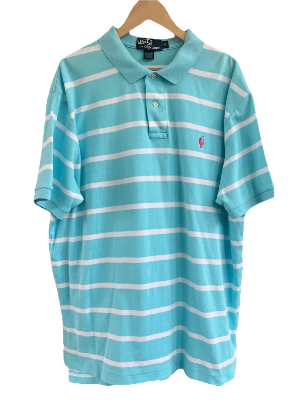 Polo Ralph Lauren Light Blue White Striped Polo XL Shirt Pink Pony Short Sleeve